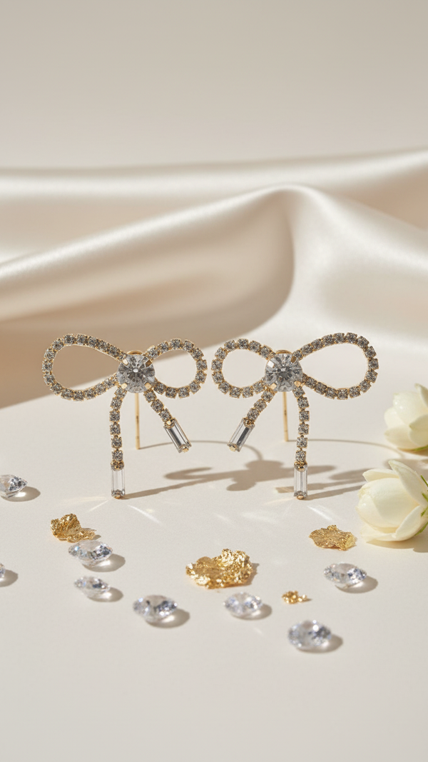 Elegant Gold Plated Bow Drop Earrings with American Diamonds | Diaura Jewels – Festive Party Wear ₹669