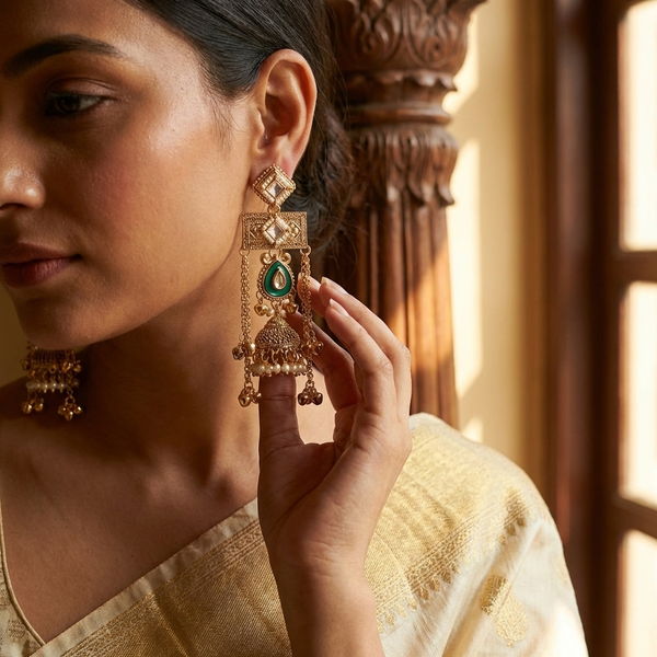 Kashmiri Royal Jhumka Earrings for Women | Gold Plated Traditional Pearl & Emerald Drop Statement Earrings diaura jewels