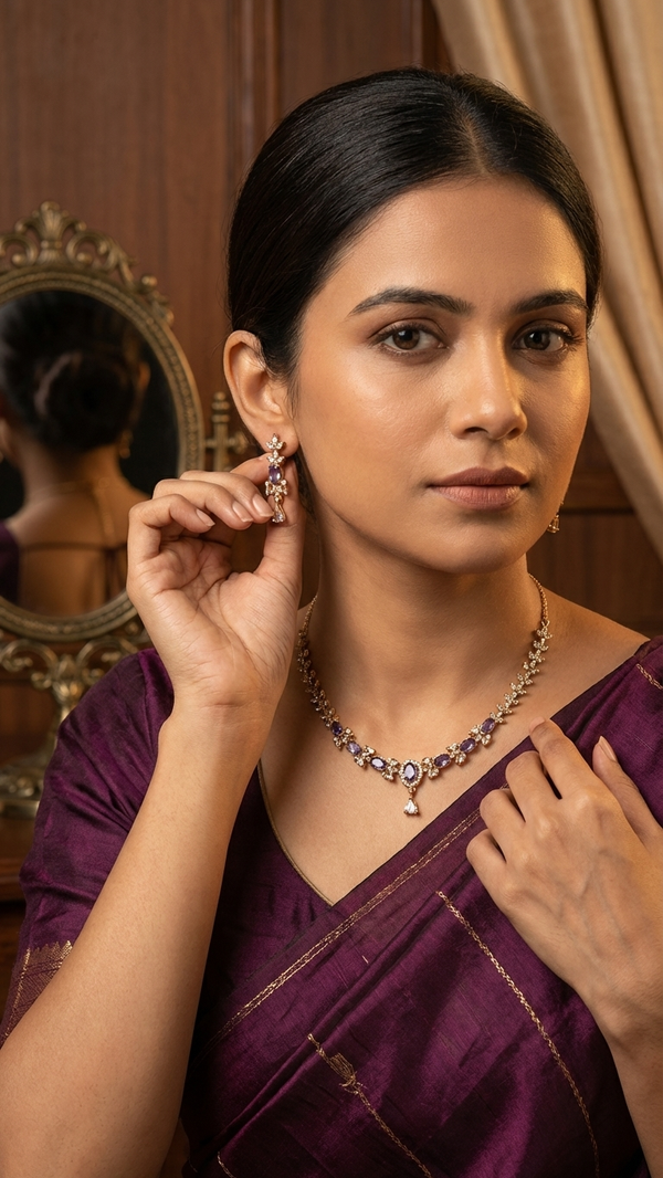 Luxury American Diamond Purple Stone Necklace Set with Earrings | Gold Plated Wedding Jewellery | DIAURA JEWELS