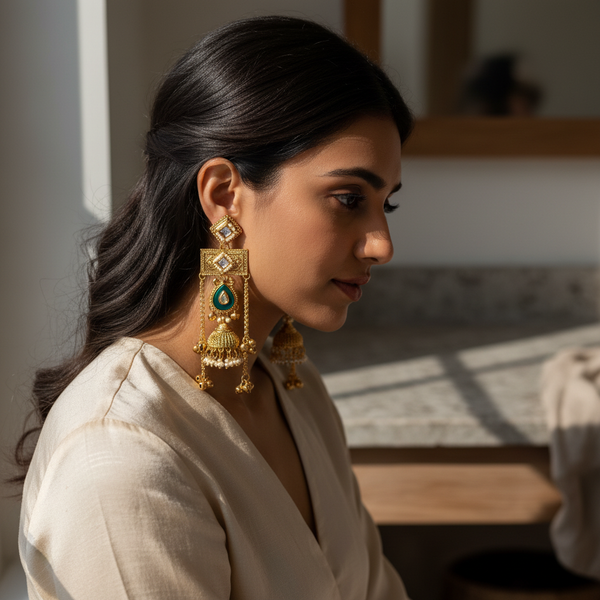 Kashmiri Royal Jhumka Earrings for Women | Gold Plated Traditional Pearl & Emerald Drop Statement Earrings diaura jewels
