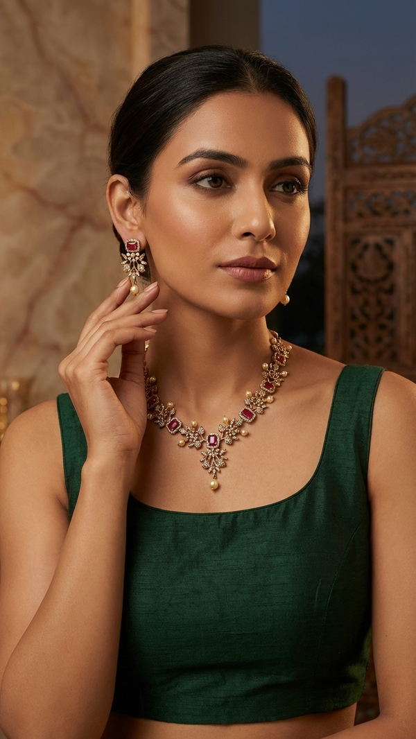 Product Title Ruby American Diamond Floral Necklace with Pearl Drop Earrings