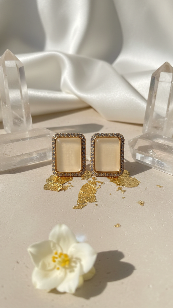 Diaura Square Halo Stud Earrings for Women | Gold Crystal Frame Statement Studs | Elegant Minimal Luxury Earrings | Designer Party & Everyday Jewellery