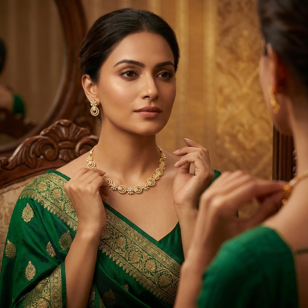 American Diamond Mehandi Floral Necklace with Chandelier Earrings - Gold Plated Set