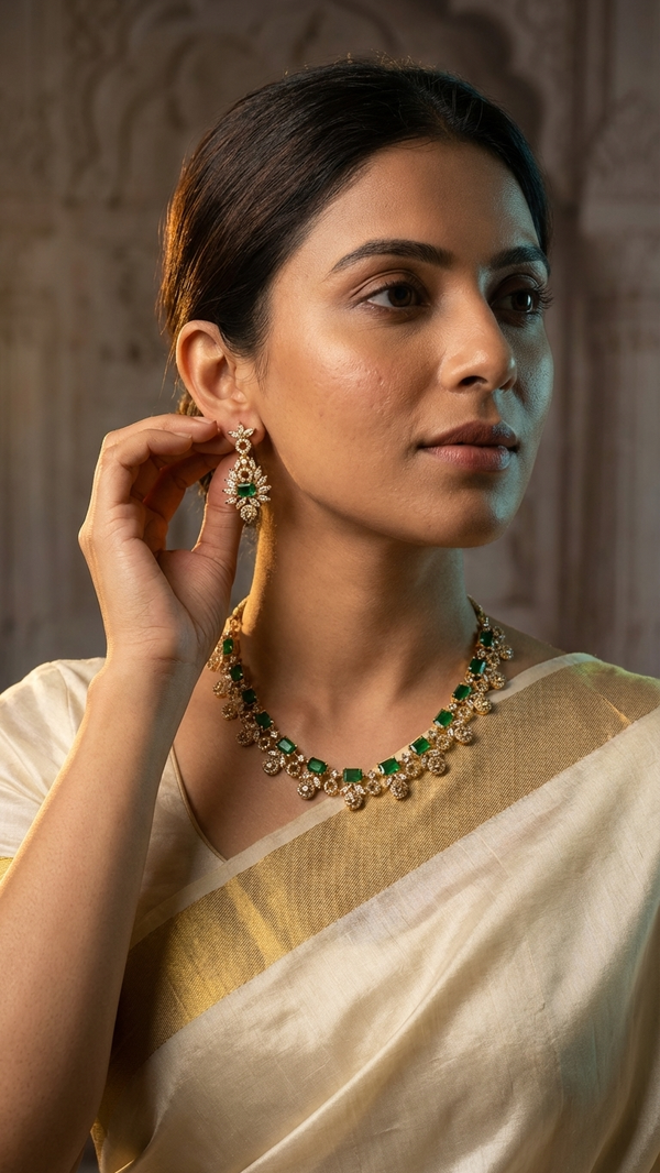 Green American Diamond Mehandi Set - Gold Plated Necklace with Chandbali Earrings
