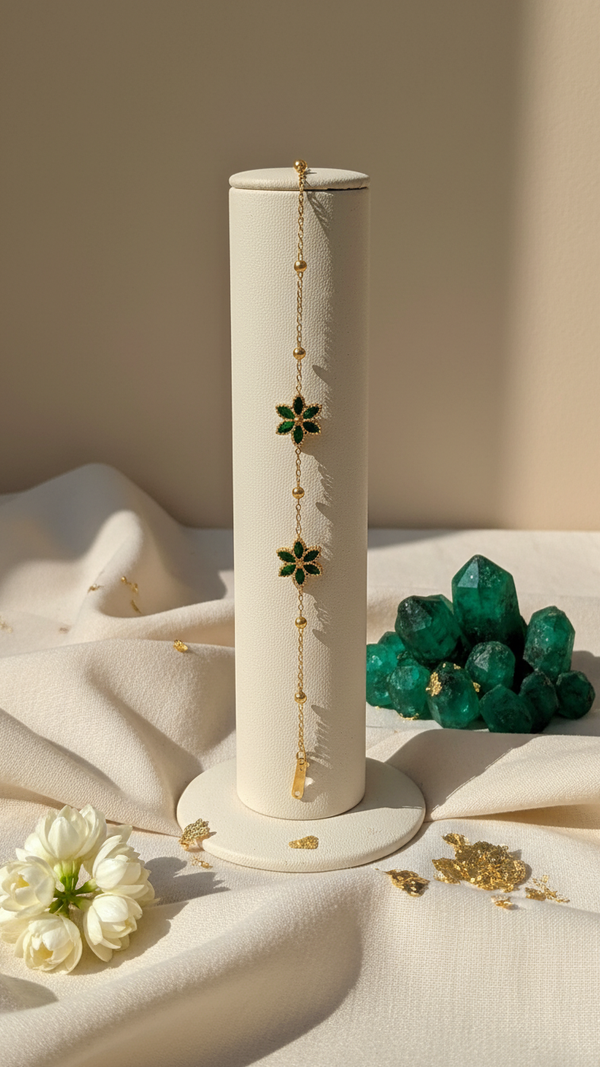 Diaura Jewels | Emerald Green Zircon Floral Bracelet | 18K Gold Plated Minimalist Flower Link Bracelet for Women