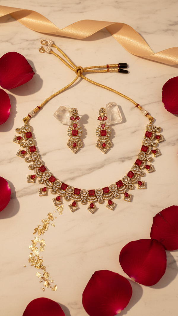 Red American Diamond Kundan Choker Necklace Set Gold Plated | Imitation Bridal Jewellery Women | Diaura Jewels