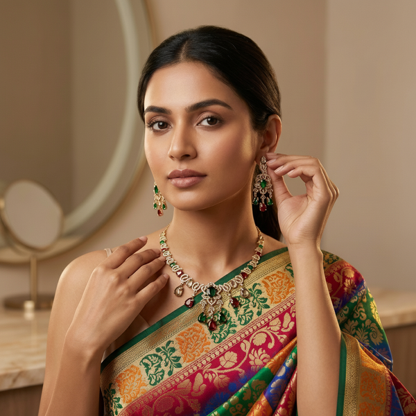 Royal Multi-Color American Diamond Floral Set | Emerald & Ruby Cubic Zirconia Necklace