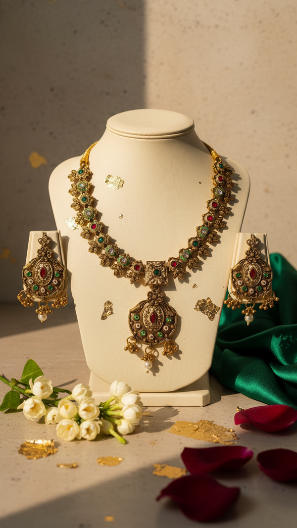 Kundan Meenakari Polki Necklace with Chandbali Earrings - Multicolor Bridal Set