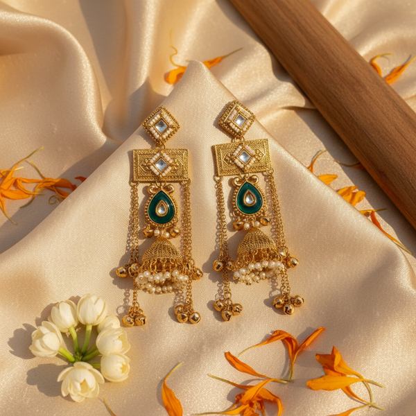 Kashmiri Royal Jhumka Earrings for Women | Gold Plated Traditional Pearl & Emerald Drop Statement Earrings diaura jewels