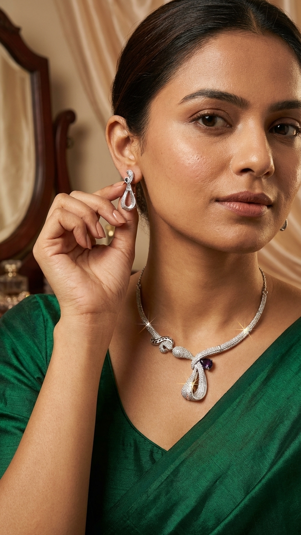 Diaura oxidized silver amethyst American diamond serpent choker necklace earring set on mannequin with roses and diamonds, model in purple saree