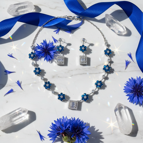 Blue American Diamond Floral Necklace with Stud Earrings - Silver Tone Set