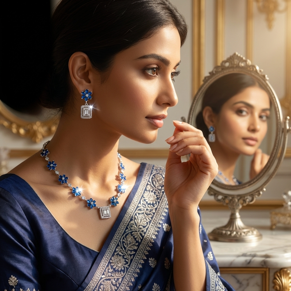 Blue American Diamond Floral Necklace with Stud Earrings - Silver Tone Set