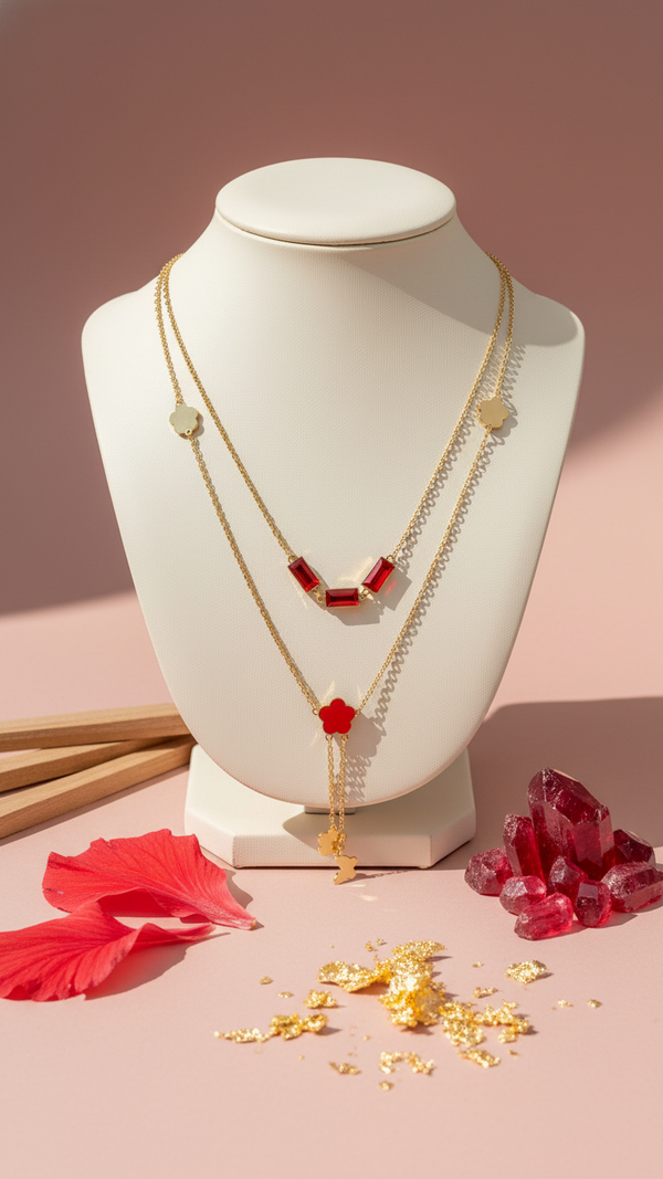 Luxury Layered Ruby Charm Necklace β Elegant Gold Statement Jewellery | DIAURA Jewels