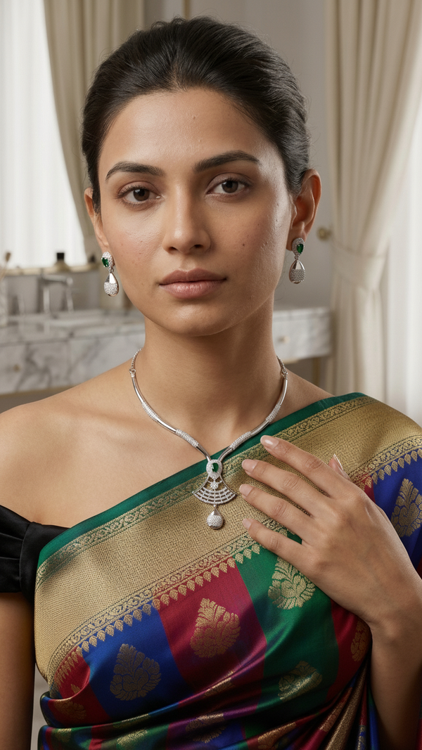 Emerald Pearl American Diamond Necklace Set Silver Tone | Imitation Bridal Temple Jewellery | Diaura Jewels