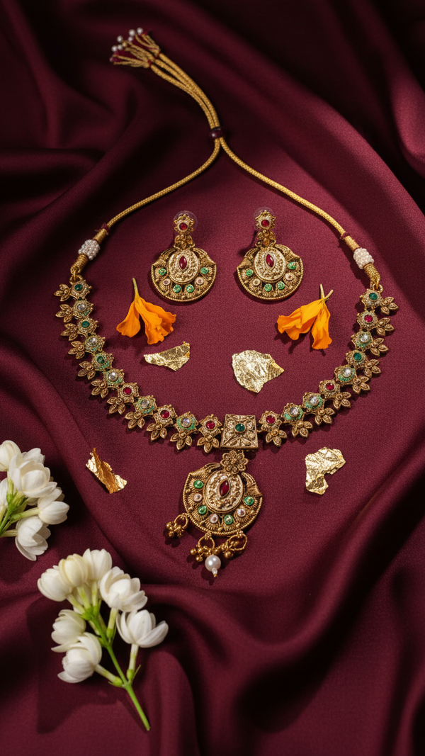 Kundan Meenakari Polki Necklace with Chandbali Earrings - Multicolor Bridal Set