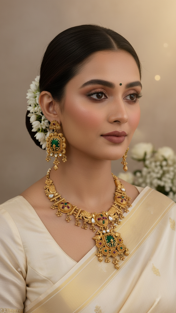 Diaura Jewels Emerald Opulence Temple Necklace Set