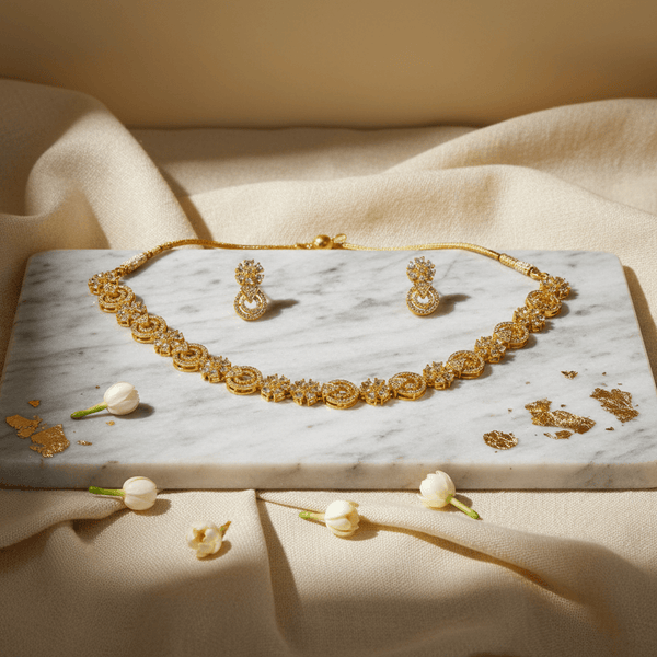 American Diamond Mehandi Floral Necklace with Chandelier Earrings - Gold Plated Set - DIAURA JEWELS