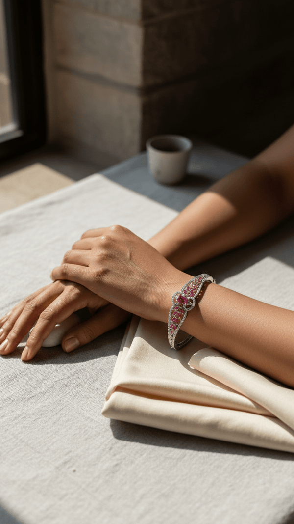 American Diamond Ruby Stone Designer Bangle – Luxury Silver Tone Statement Bracelet for Women | Diaura Jewels - DIAURA JEWELS