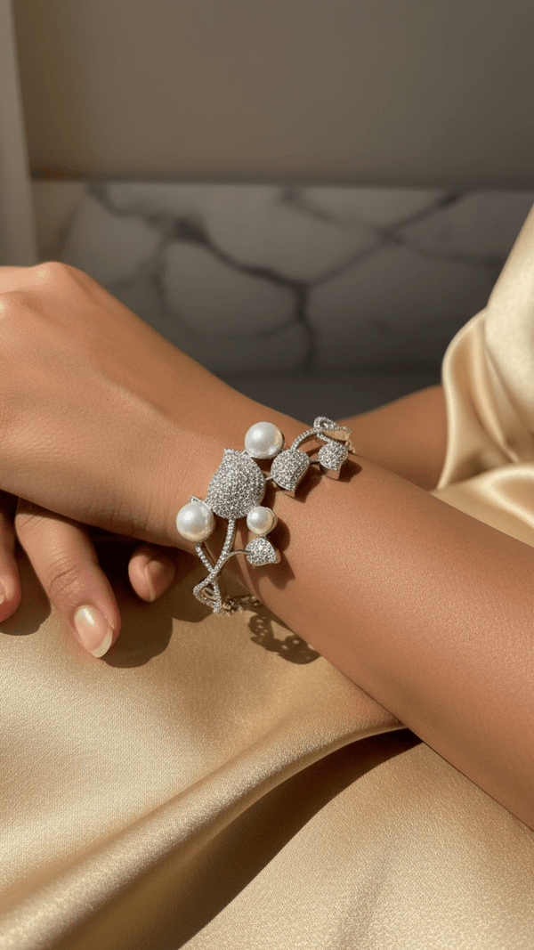 American Diamond Silver Tone Bracelet with Pearl Accents – Luxury Designer Bracelet for Women | Diaura Jewels - DIAURA JEWELS