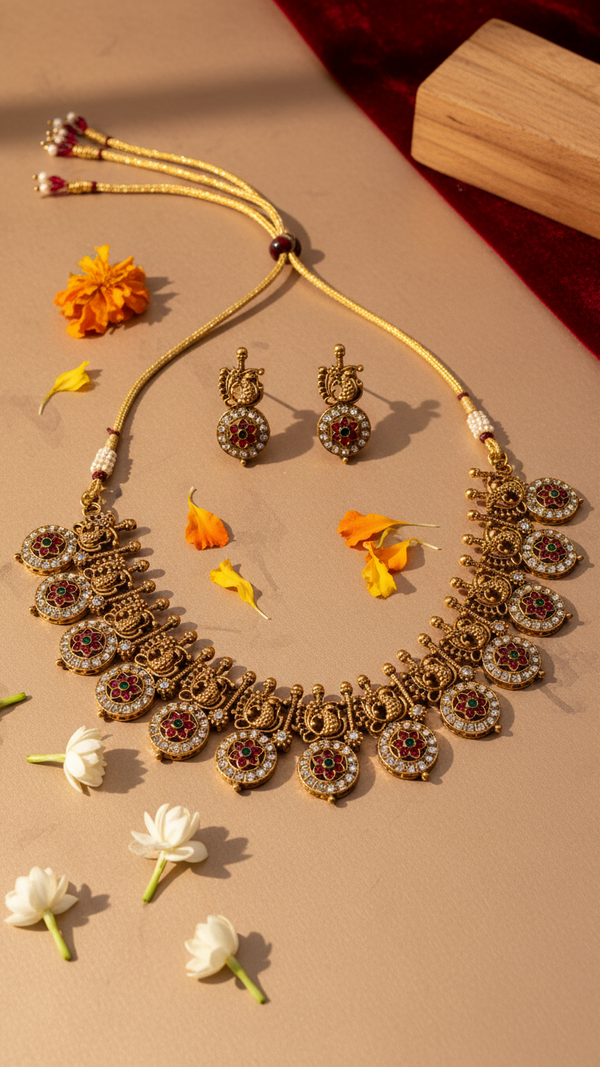 Diaura Jewels | Heritage Peacock Temple Necklace Set | Antique Gold Plated Choker with Ruby & Emerald Stones