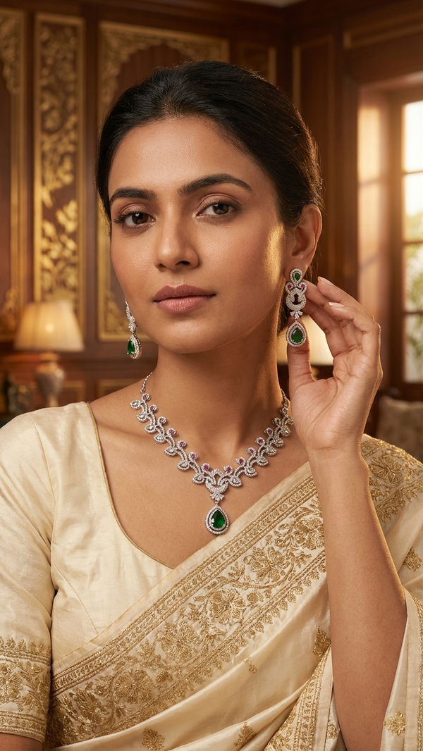 Luxury American Diamond Green Teardrop Necklace Set with Earrings for Women | Wedding & Party Jewellery | DIAURA JEWELS