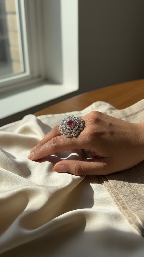 Royal Ruby American Diamond Statement Ring – Luxury Silver Plated Cocktail Ring | DIAURA Jewels