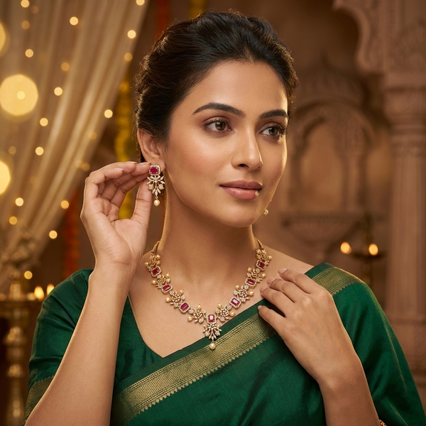 Product Title Ruby American Diamond Floral Necklace with Pearl Drop Earrings