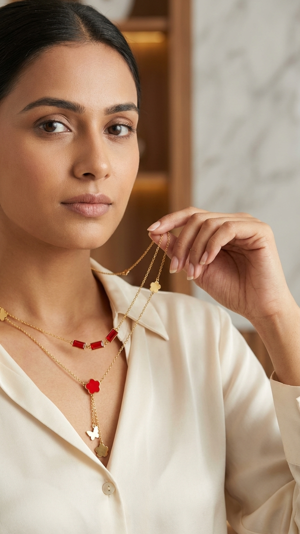 Luxury Layered Ruby Charm Necklace β Elegant Gold Statement Jewellery | DIAURA Jewels
