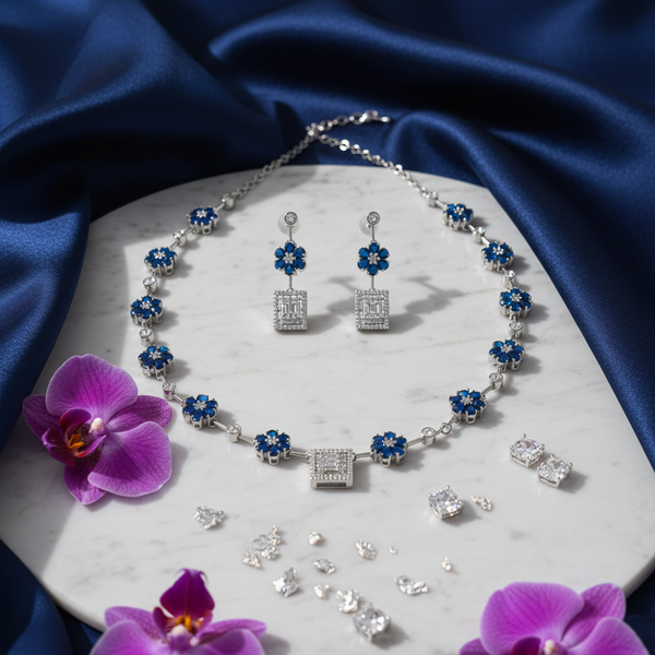 Blue American Diamond Floral Necklace with Stud Earrings - Silver Tone Set