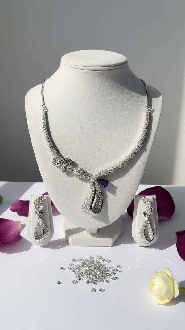 Diaura Amethyst American Diamond Choker Necklace Set - Oxidized Silver Tone Imitation Jewellery
