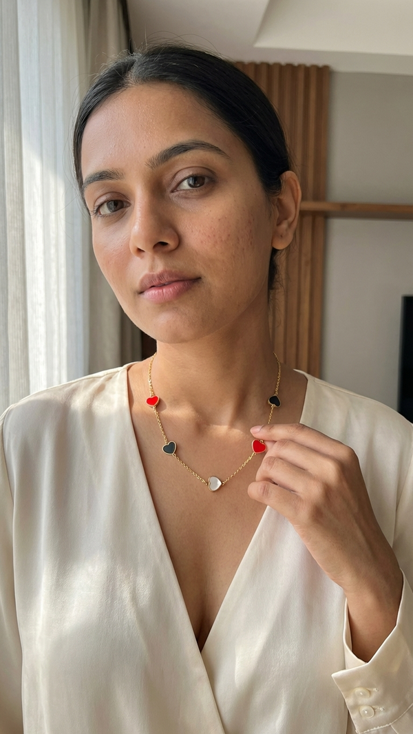 Multi Heart Layered Necklace - Red Black White Heart Charms