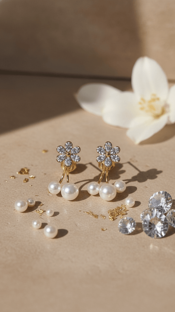 Delicate Pearl Flower Drop Earrings - Faux Pearl Floral Design Studs - DIAURA JEWELS