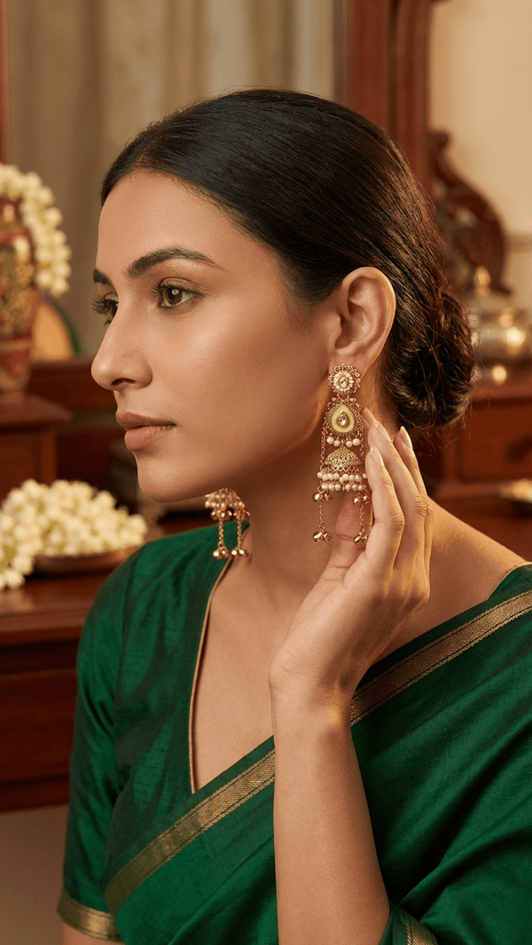 Diaura Chandbali Jhumka Earrings - Gold Plated Green Kundan Imitation Jewellery for Women - DIAURA JEWELS