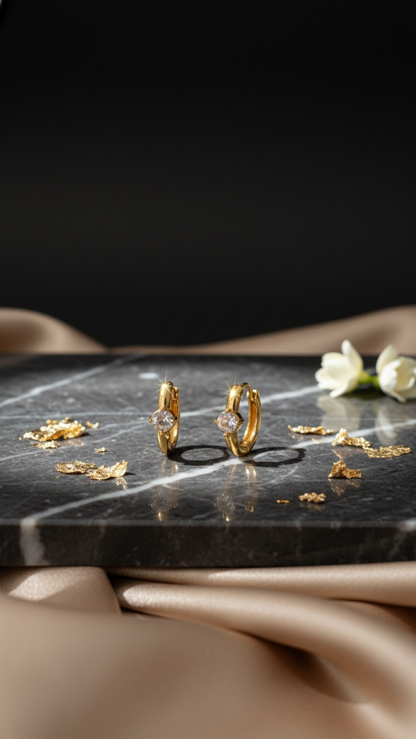 Minimal gold hoop earrings with crystal charm in anti tarnish stainless steel for women by Diaura Jewels