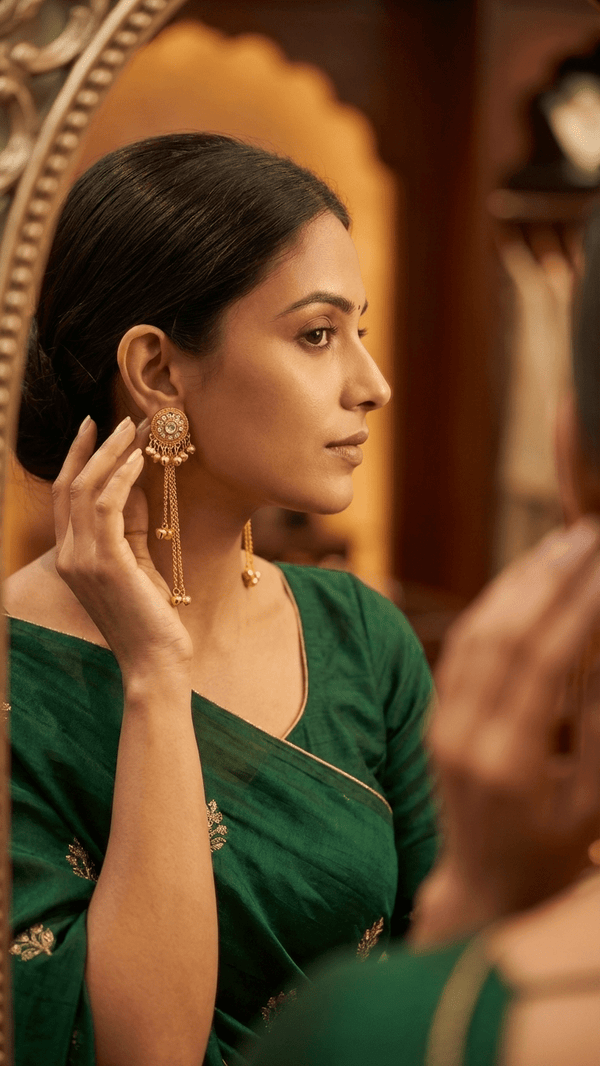 Diaura Jewels | Royal Kashmiri Meenakari Long Drop Jhumka Earrings | Antique Gold Plated Pearl Dangle Earrings for Weddings - DIAURA JEWELS