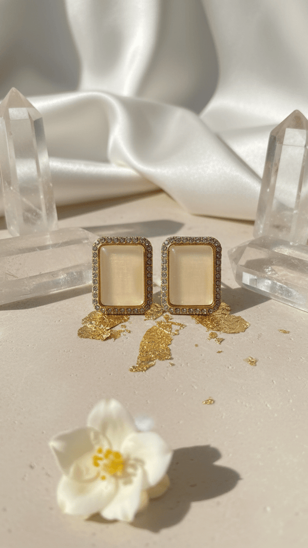 Diaura Square Halo Stud Earrings for Women | Gold Crystal Frame Statement Studs | Elegant Minimal Luxury Earrings | Designer Party & Everyday Jewellery - DIAURA JEWELS