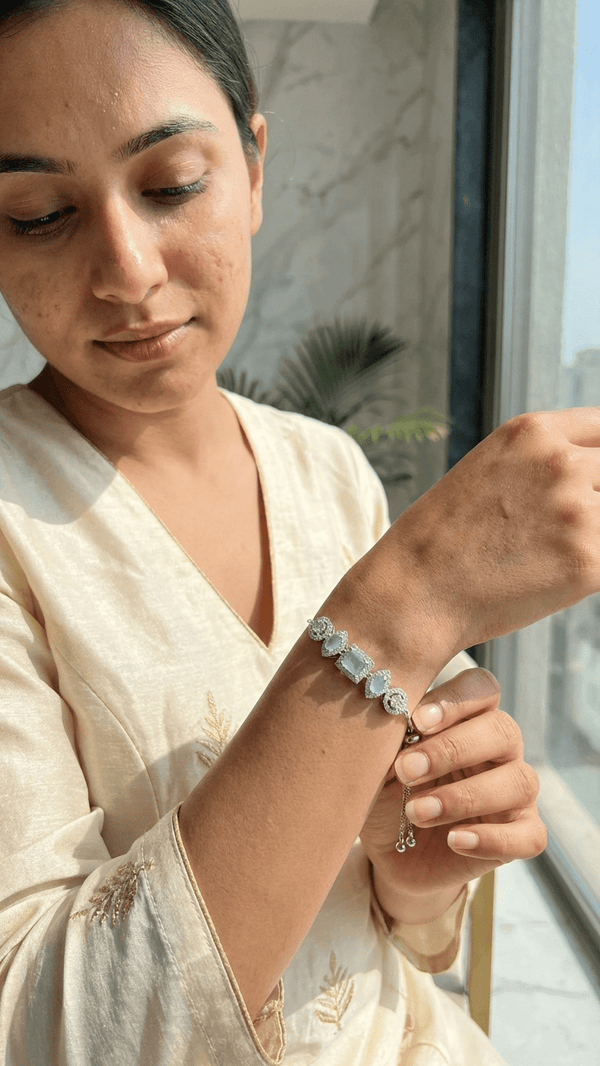 Elegant Aqua Green Stone Adjustable Bracelet with CZ Halo – Luxury Women Bracelet - DIAURA JEWELS