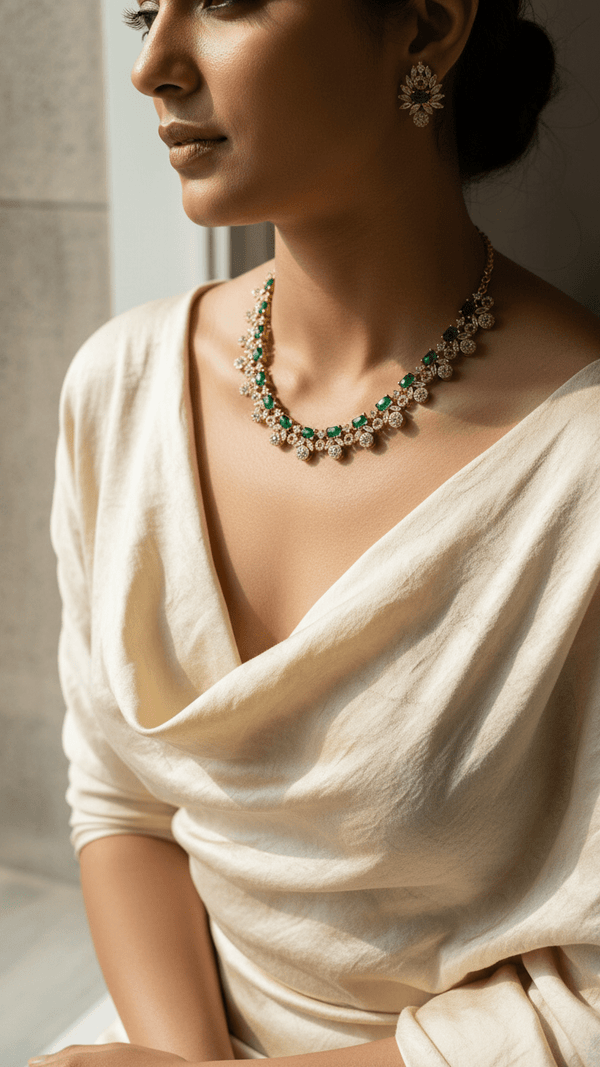 Green American Diamond Mehandi Set - Gold Plated Necklace with Chandbali Earrings - DIAURA JEWELS