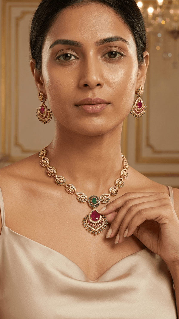 Green Ruby American Diamond Kundan Necklace Set Gold Plated | Imitation Temple Bridal Jewellery | Diaura Jewels - DIAURA JEWELS