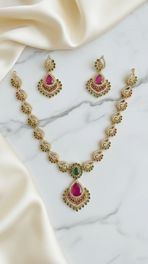 Green Ruby American Diamond Kundan Necklace Set Gold Plated | Imitation Temple Bridal Jewellery | Diaura Jewels - DIAURA JEWELS