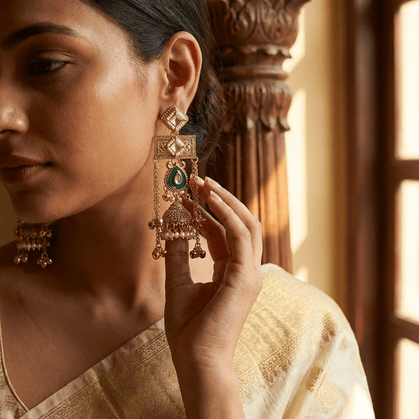Kashmiri Royal Jhumka Earrings for Women | Gold Plated Traditional Pearl & Emerald Drop Statement Earrings diaura jewels - DIAURA JEWELS