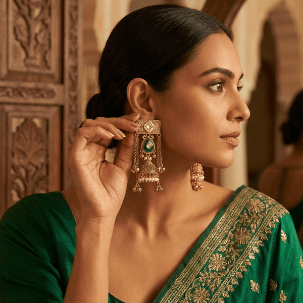 Kashmiri Royal Jhumka Earrings for Women | Gold Plated Traditional Pearl & Emerald Drop Statement Earrings diaura jewels - DIAURA JEWELS
