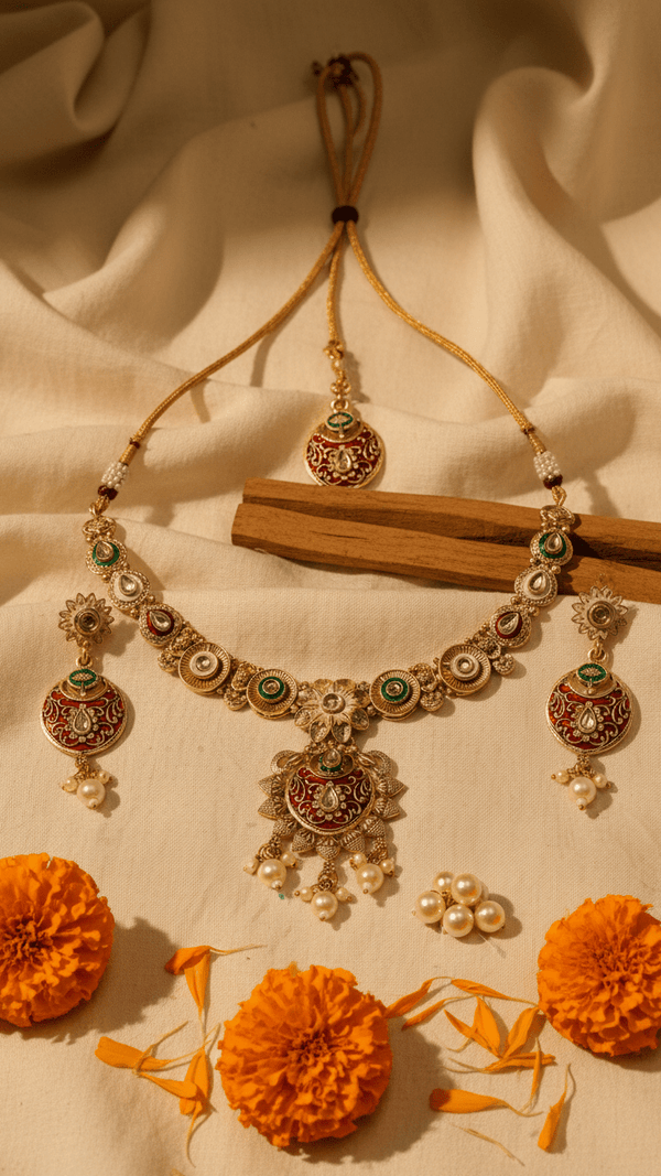 Kundan Polki Meenakari Set with Maang Tikka - Necklace Earrings Bridal - DIAURA JEWELS