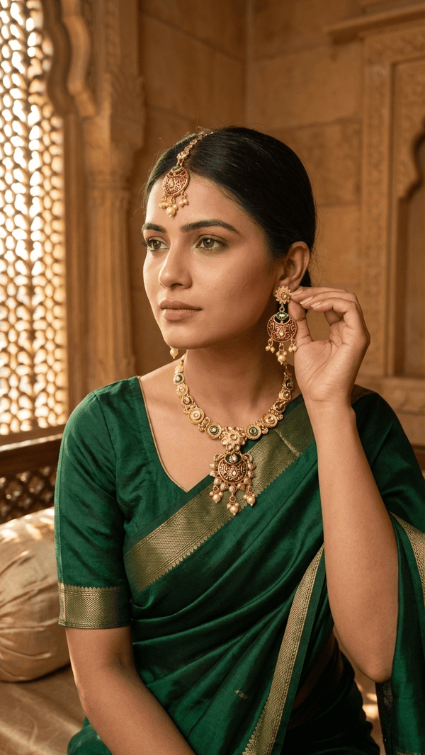 Kundan Polki Meenakari Set with Maang Tikka - Necklace Earrings Bridal - DIAURA JEWELS