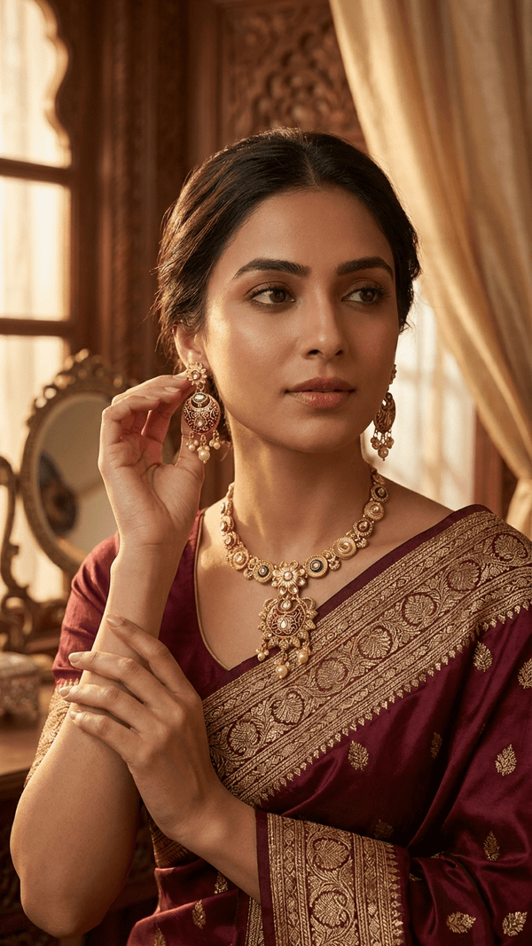 Kundan Polki Meenakari Set with Maang Tikka - Necklace Earrings Bridal - DIAURA JEWELS