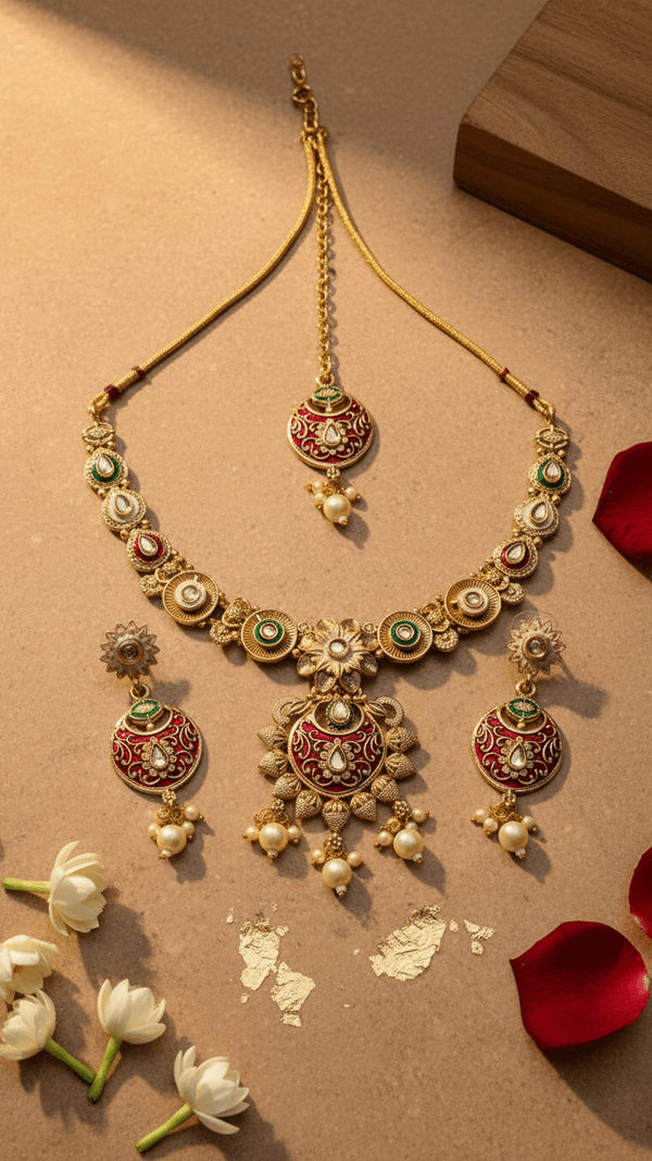Kundan Polki Meenakari Set with Maang Tikka - Necklace Earrings Bridal - DIAURA JEWELS