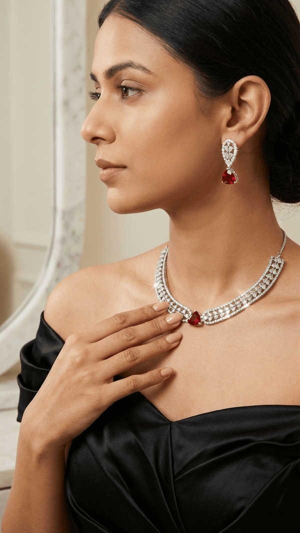 Luxury American Diamond Necklace Set with Earrings | Red Crystal Pendant Designer Jewelry | Elegant Wedding & Party Jewelry for Women - DIAURA JEWELS