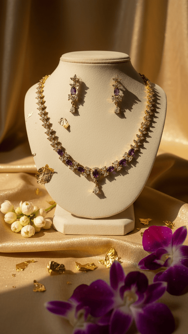 Luxury American Diamond Purple Stone Necklace Set with Earrings | Gold Plated Wedding Jewellery | DIAURA JEWELS - DIAURA JEWELS