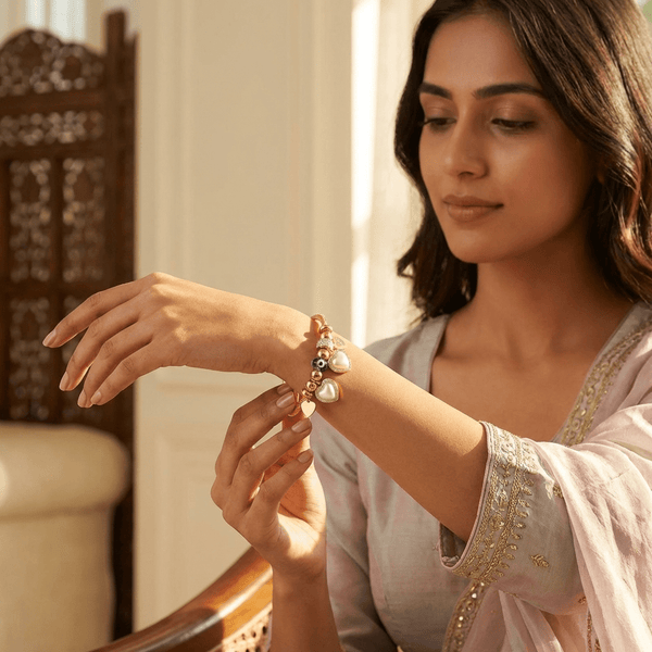 Luxury Gold Charm Bracelet for Women | Pearl & Heart Designer Bracelet | Elegant Adjustable Bracelet – Diaura Jewels - DIAURA JEWELS