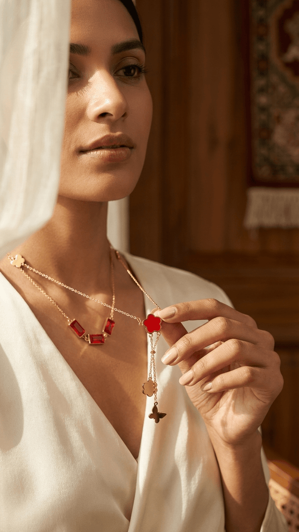 Luxury Layered Ruby Charm Necklace – Elegant Gold Statement Jewellery | DIAURA Jewels - DIAURA JEWELS